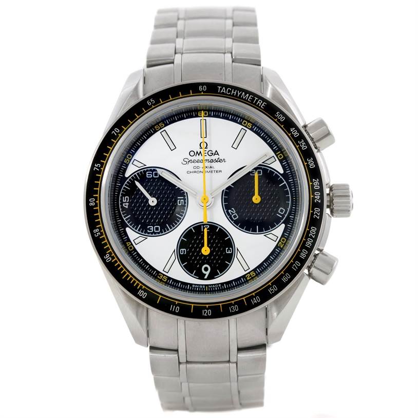 This image shows a front view of an Omega Speedmaster 326.30.40.50.04.001 Men
s Stainless Steel White Dial 326.30.40.50.04.001 Men
s Stainless Steel White Dial watch with a metal bracelet and three sub-dials.