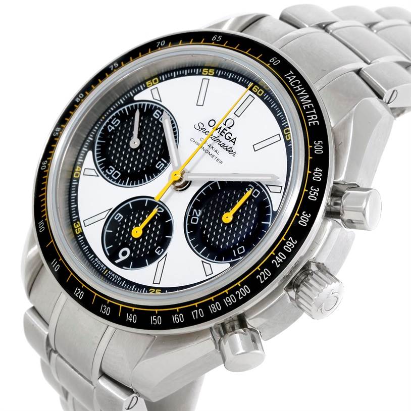 The Omega Speedmaster 326.30.40.50.04.001 Men
s Stainless Steel White Dial 326.30.40.50.04.001 Men
s Stainless Steel White Dial watch is shown from an angled close-up, displaying its dial, subdials, bezel, and bracelet.