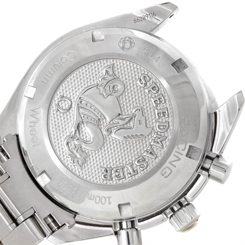This image shows the case back of the Omega Speedmaster 326.30.40.50.04.001 Men
s Stainless Steel White Dial 326.30.40.50.04.001 Men
s Stainless Steel White Dial watch, highlighting its engraved logo and text.