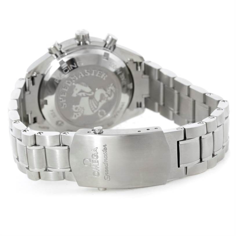The image shows the back case and clasp of an Omega Speedmaster 326.30.40.50.04.001 Men
s Stainless Steel White Dial 326.30.40.50.04.001 Men
s Stainless Steel White Dial watch from a rear-angle view.