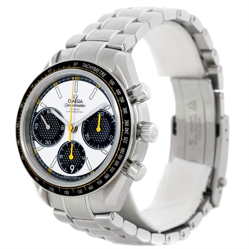 This image shows an angled view of the Omega Speedmaster 326.30.40.50.04.001 Men
s Stainless Steel White Dial 326.30.40.50.04.001 Men
s Stainless Steel White Dial watch, featuring the bracelet, bezel, pushers, and dial.