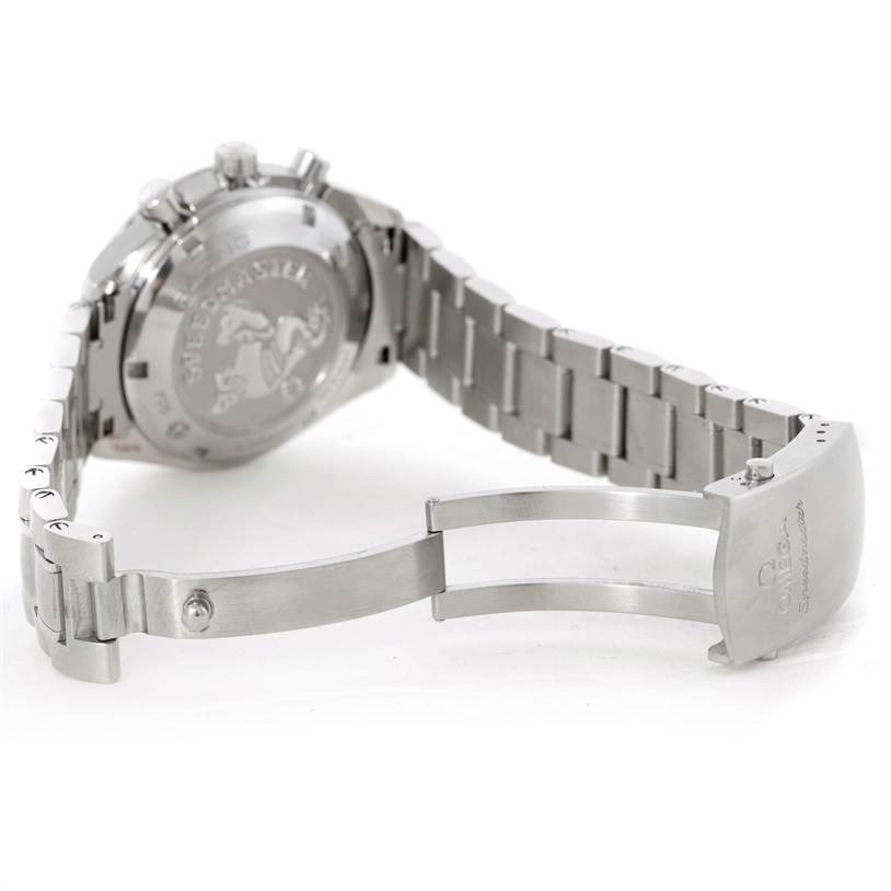 This image shows the back of the Omega Speedmaster 326.30.40.50.04.001 Men
s Stainless Steel White Dial 326.30.40.50.04.001 Men
s Stainless Steel White Dial watch and its open stainless steel bracelet clasp.