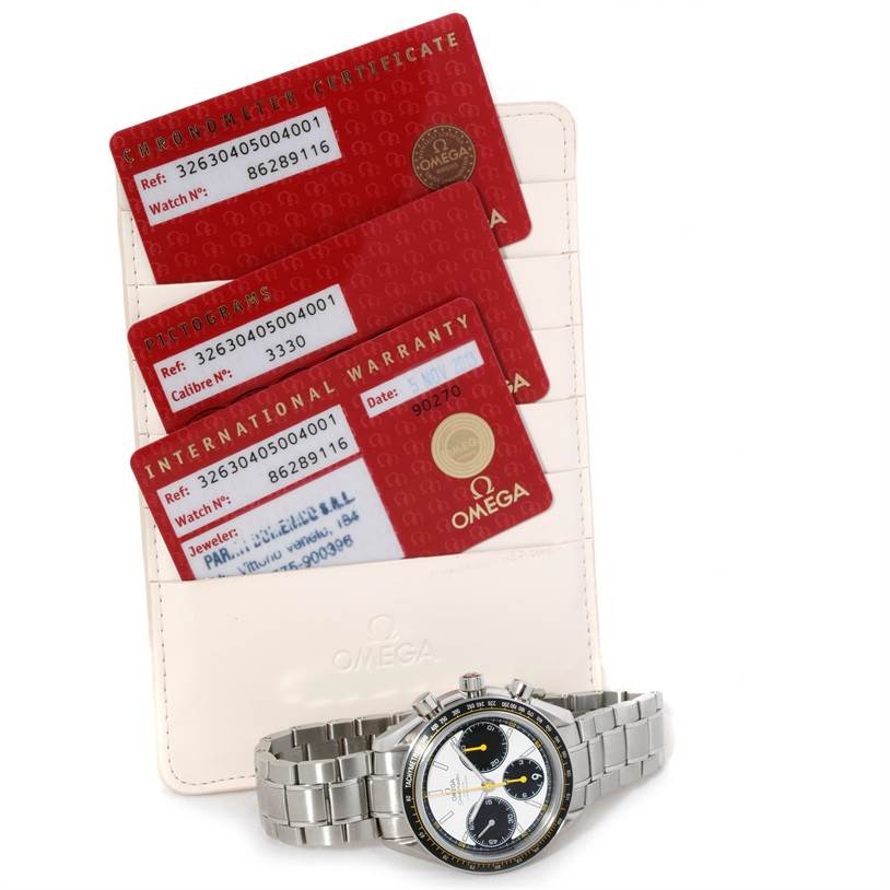 The image shows an Omega Speedmaster 326.30.40.50.04.001 Men
s Stainless Steel White Dial 326.30.40.50.04.001 Men
s Stainless Steel White Dial watch with its chronometer certificate, pictogram, and international warranty cards.