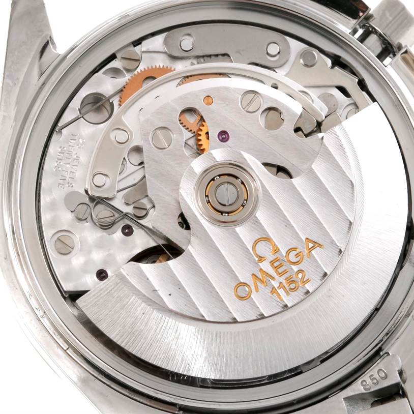 This image shows the internal mechanical movement of an Omega Speedmaster 3513.50.00 Men's Stainless Steel Black Dial 3513.50.00 Men's Stainless Steel Black Dial watch from a close-up angle.