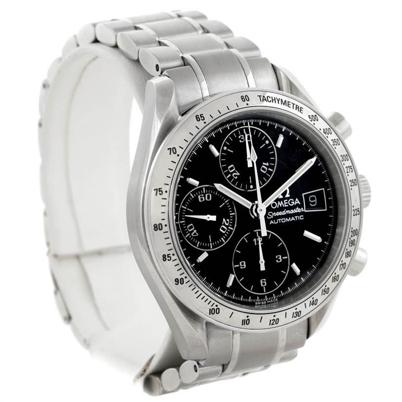 The image shows an Omega Speedmaster 3513.50.00 Men's Stainless Steel Black Dial 3513.50.00 Men's Stainless Steel Black Dial watch from a front-left angle, displaying the face, tachymeter, and part of the band.