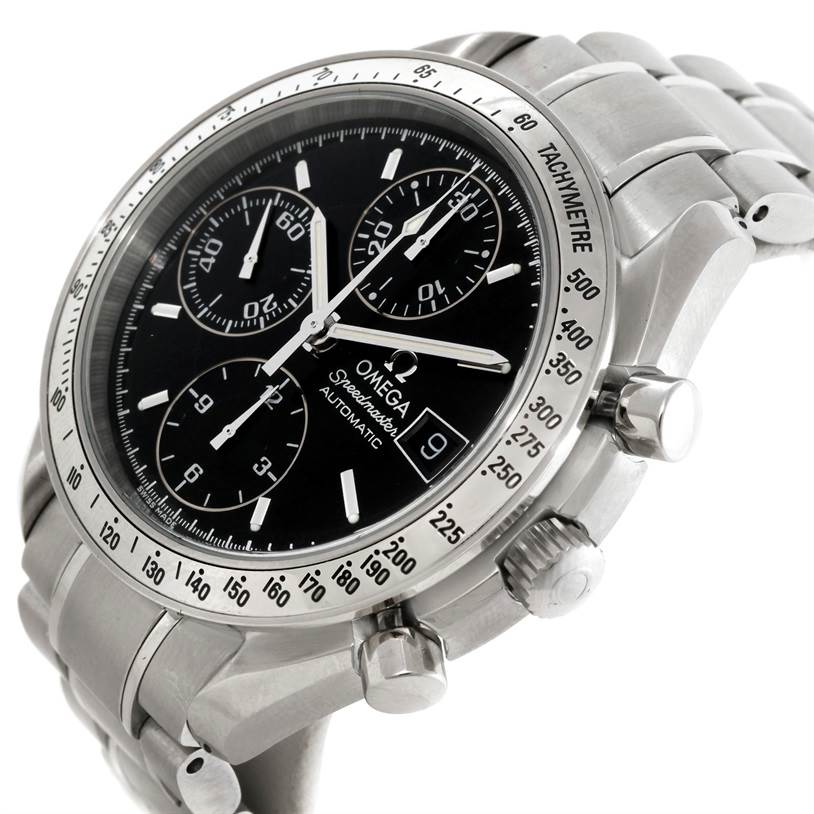 This image shows an Omega Speedmaster 3513.50.00 Men's Stainless Steel Black Dial 3513.50.00 Men's Stainless Steel Black Dial watch angled to reveal the dial, bezel, crown, pushers, and part of the metal bracelet.