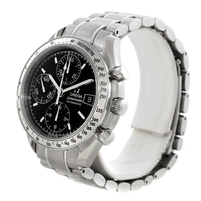 The image shows a front-side view of an Omega Speedmaster 3513.50.00 Men's Stainless Steel Black Dial 3513.50.00 Men's Stainless Steel Black Dial watch, highlighting its dial, sub-dials, pushers, and stainless steel bracelet.