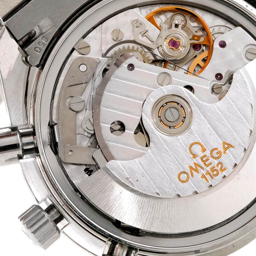 This is a close-up of the Omega Speedmaster 3513.50.00 Men's Stainless Steel Black Dial 3513.50.00 Men's Stainless Steel Black Dial watch movement, showing the intricate inner mechanisms and Omega branding.