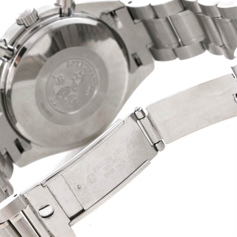 The image shows the backside and clasp of the Omega Speedmaster 3513.50.00 Men's Stainless Steel Black Dial 3513.50.00 Men's Stainless Steel Black Dial watch, highlighting the stainless steel bracelet and closed case back.