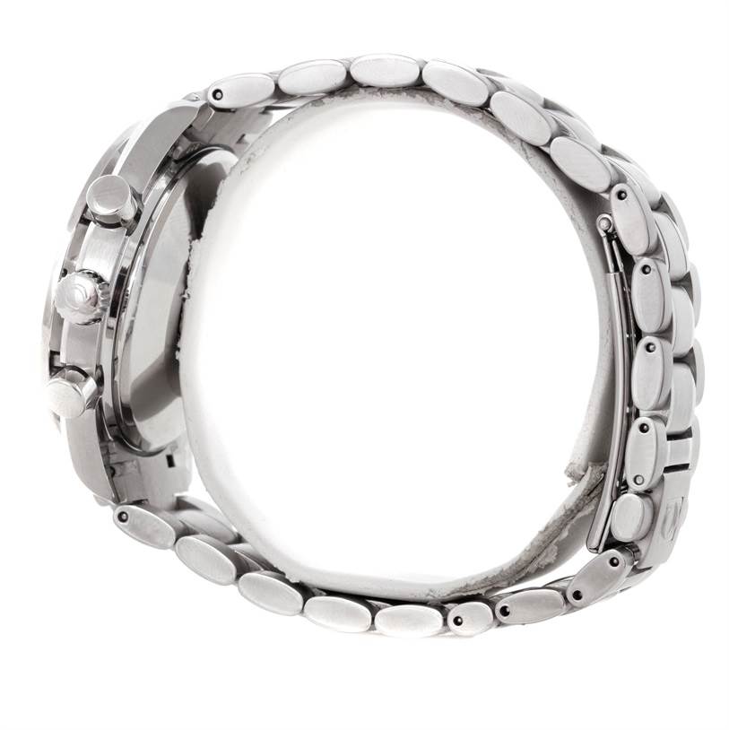 This image shows the Omega Speedmaster 3513.50.00 Men's Stainless Steel Black Dial 3513.50.00 Men's Stainless Steel Black Dial watch from a side profile, highlighting its case, pushers, and metal bracelet.