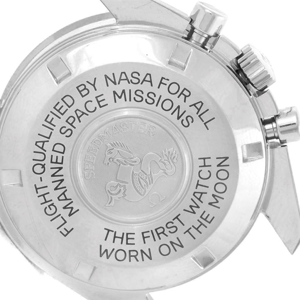 The image shows the back case of an Omega Speedmaster 3575.20.00 Men
s Stainless Steel White Dial 3575.20.00 Men
s Stainless Steel White Dial watch, highlighting NASA certification and moon mission text.