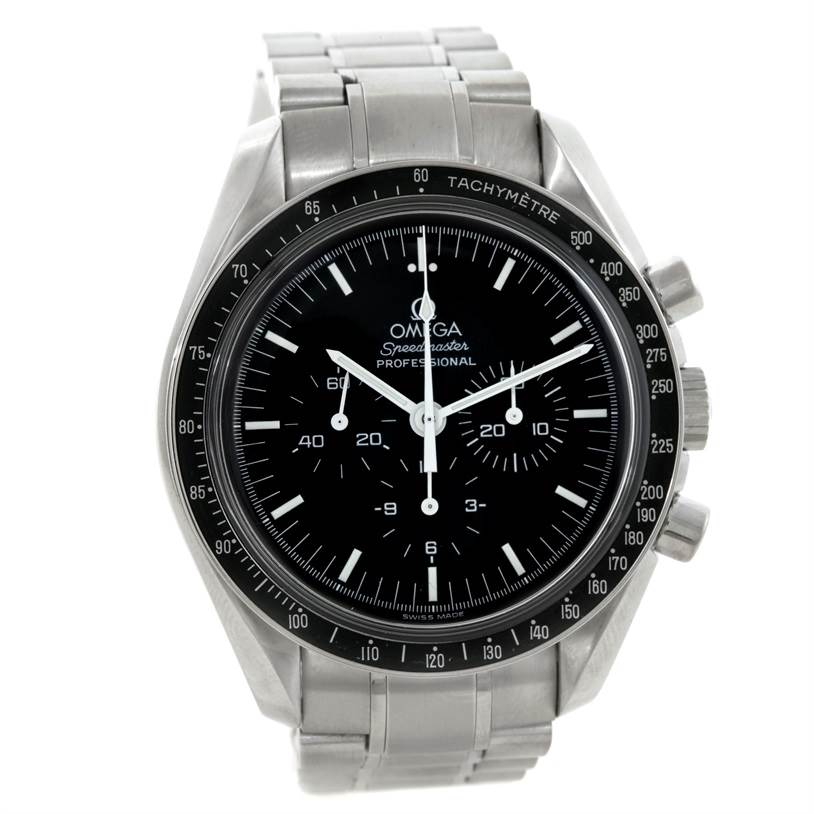 The Omega Speedmaster 3570.50.00 Men
s Stainless Steel Black Dial 3570.50.00 Men
s Stainless Steel Black Dial watch is shown from a front angle, displaying the dial, bezel, and metal bracelet.