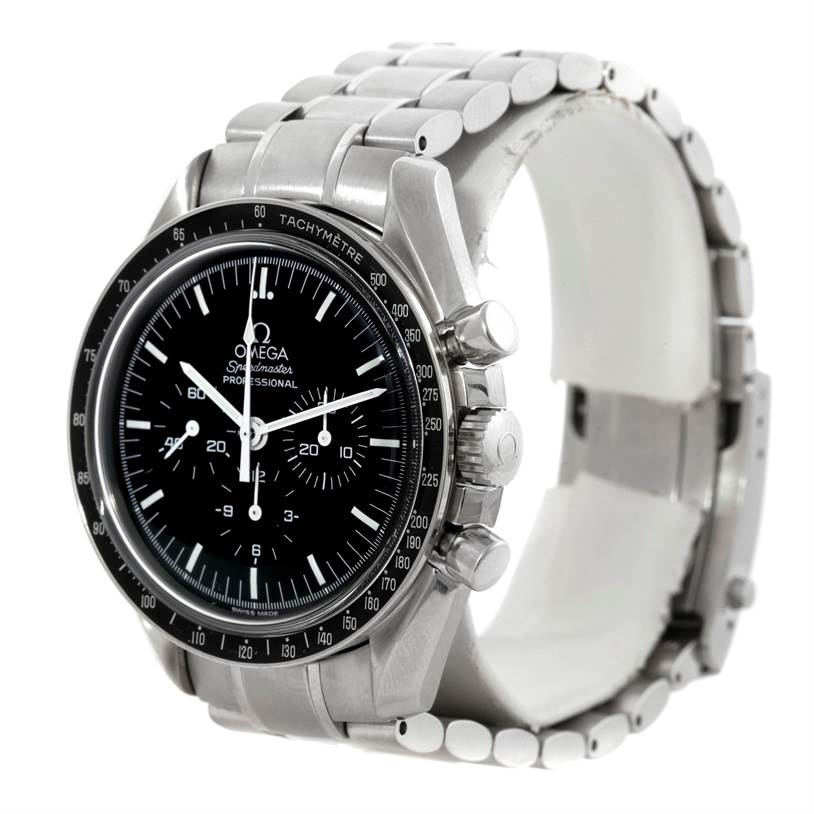 The image shows an Omega Speedmaster 3570.50.00 Men
s Stainless Steel Black Dial 3570.50.00 Men
s Stainless Steel Black Dial watch from an angled side view, highlighting the dial, bezel, and bracelet.