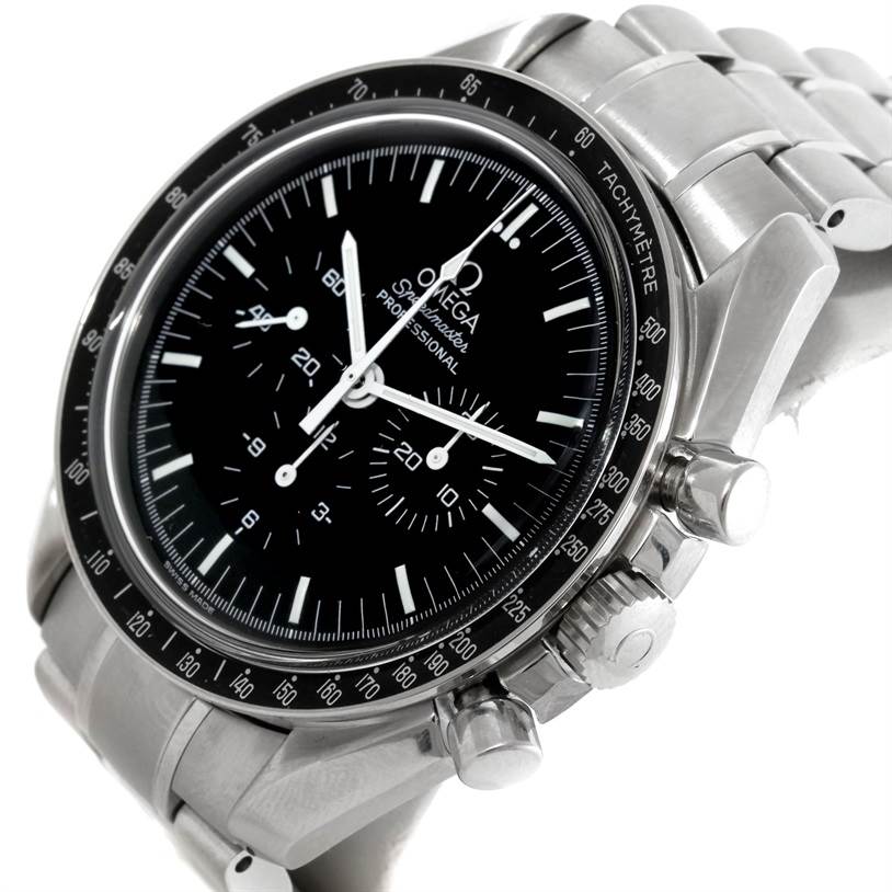 The image shows an Omega Speedmaster 3570.50.00 Men
s Stainless Steel Black Dial 3570.50.00 Men
s Stainless Steel Black Dial watch at an angle highlighting its dial, bezel, crown, and chronograph pushers.