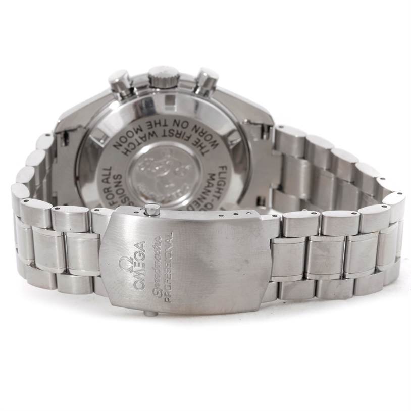 The image shows the back and clasp of an Omega Speedmaster 3570.50.00 Men
s Stainless Steel Black Dial 3570.50.00 Men
s Stainless Steel Black Dial watch in a stainless steel finish.