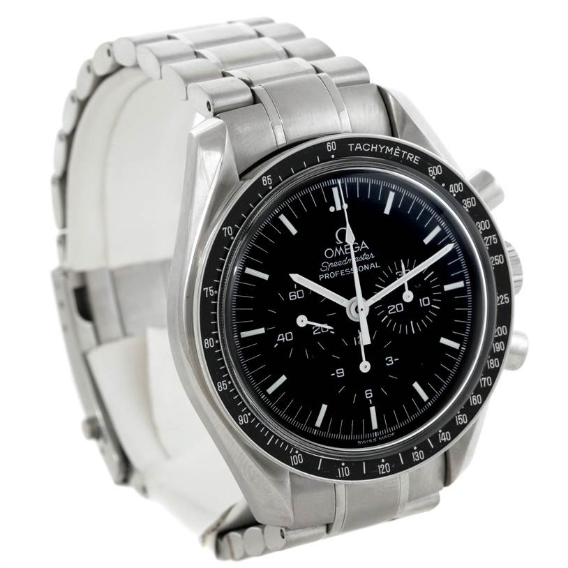 The Omega Speedmaster 3570.50.00 Men
s Stainless Steel Black Dial 3570.50.00 Men
s Stainless Steel Black Dial watch is shown from an angled side view, displaying the face, bezel, and bracelet.