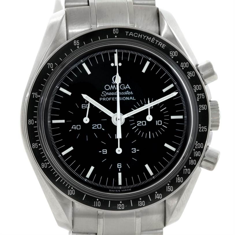 The image shows a front view of the Omega Speedmaster 3570.50.00 Men
s Stainless Steel Black Dial 3570.50.00 Men
s Stainless Steel Black Dial watch, displaying the dial, bezel, and bracelet.