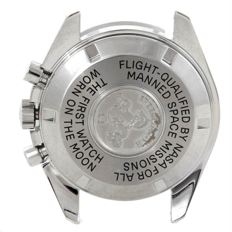 The image shows the back case of an Omega Speedmaster 3570.50.00 Men
s Stainless Steel Black Dial 3570.50.00 Men
s Stainless Steel Black Dial watch, displaying the engraved text and chronograph pushers.