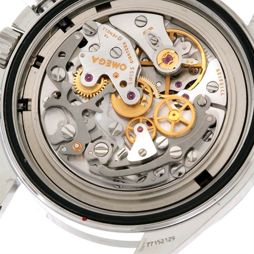 This image shows a detailed view of the movement mechanism inside an Omega Speedmaster 3570.50.00 Men
s Stainless Steel Black Dial 3570.50.00 Men
s Stainless Steel Black Dial watch.