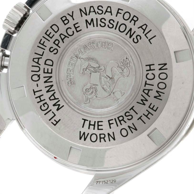 This image shows the case back of an Omega Speedmaster 3570.50.00 Men
s Stainless Steel Black Dial 3570.50.00 Men
s Stainless Steel Black Dial, highlighting its NASA qualification and moon landing inscription.