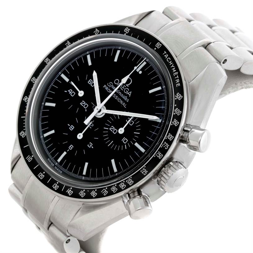 The Omega Speedmaster 3570.50.00 Men
s Stainless Steel Black Dial 3570.50.00 Men
s Stainless Steel Black Dial watch is shown at a slight angle, highlighting the dial, bezel, pushers, crown, and part of the bracelet.