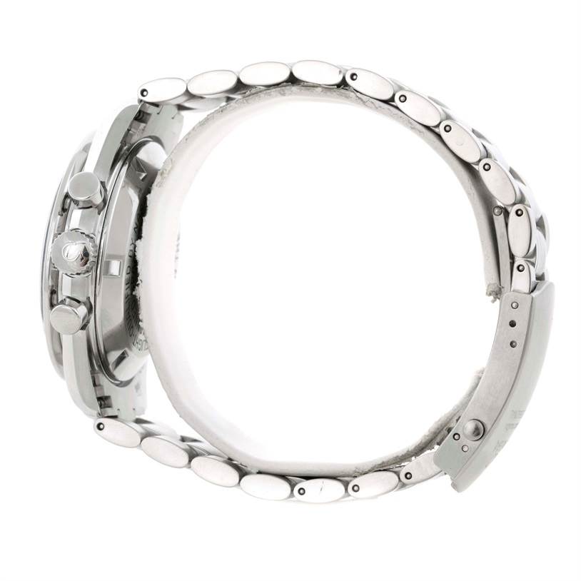 The image shows the side view of an Omega Speedmaster 3570.50.00 Men
s Stainless Steel Black Dial 3570.50.00 Men
s Stainless Steel Black Dial watch, highlighting the case, crown, pushers, and metal bracelet.