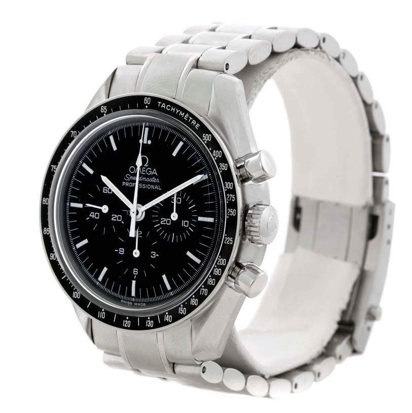 The Omega Speedmaster 3570.50.00 Men
s Stainless Steel Black Dial 3570.50.00 Men
s Stainless Steel Black Dial watch is shown at an oblique angle, highlighting the face, bezel, case, and metal bracelet.