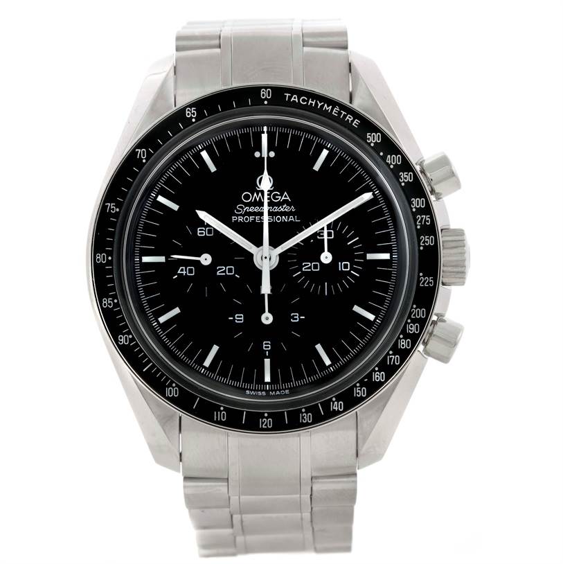 The image shows a frontal view of the Omega Speedmaster 3570.50.00 Men
s Stainless Steel Black Dial 3570.50.00 Men
s Stainless Steel Black Dial watch, including its face, bezel, case, and stainless steel bracelet.