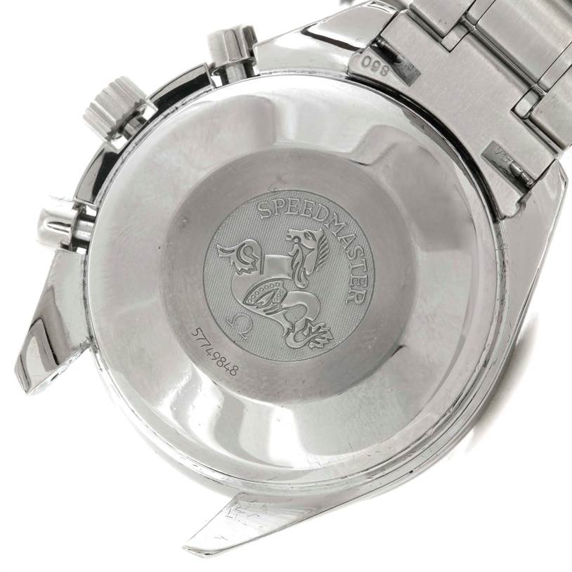 The image shows the back case of an Omega Speedmaster 3513.50.00 Men
s Stainless Steel Black Dial 3513.50.00 Men
s Stainless Steel Black Dial watch, displaying its logo and engravings.