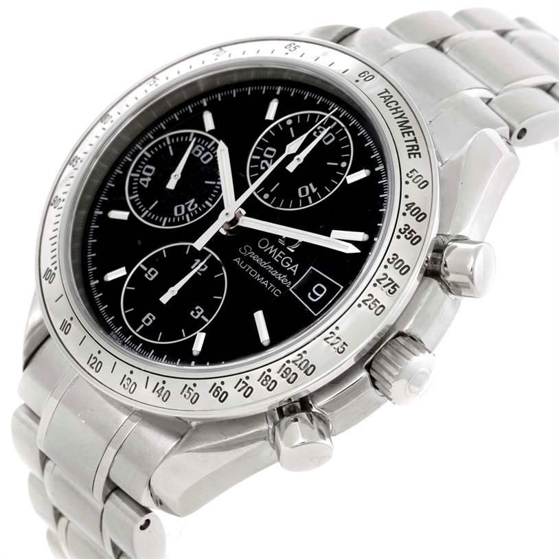 The image shows an Omega Speedmaster 3513.50.00 Men
s Stainless Steel Black Dial 3513.50.00 Men
s Stainless Steel Black Dial watch from a slight side angle, highlighting the face, bezel, pushers, crown, and metal bracelet.