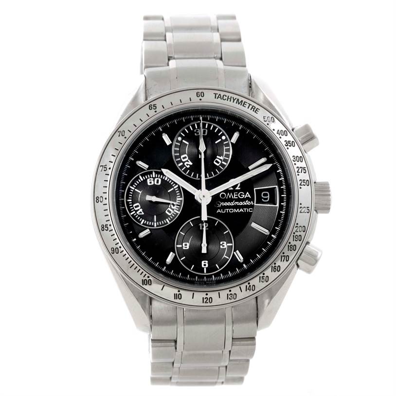 The image shows a frontal view of an Omega Speedmaster 3513.50.00 Men
s Stainless Steel Black Dial 3513.50.00 Men
s Stainless Steel Black Dial watch, highlighting its dial, sub-dials, bezel, crown, and bracelet.