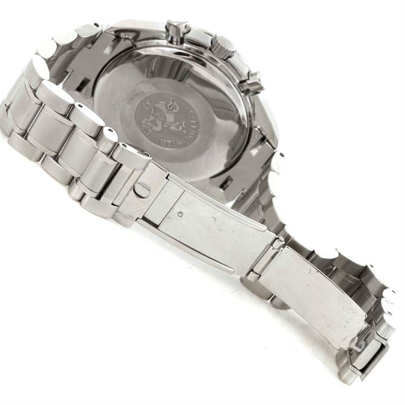 The image shows the backside and open clasp of an Omega Speedmaster 3513.50.00 Men
s Stainless Steel Black Dial 3513.50.00 Men
s Stainless Steel Black Dial watch.