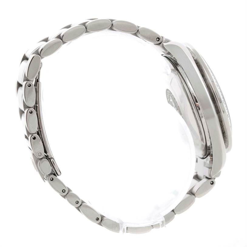 The image shows a side view of the Omega Speedmaster 3513.50.00 Men
s Stainless Steel Black Dial 3513.50.00 Men
s Stainless Steel Black Dial watch, highlighting its bracelet and case profile.