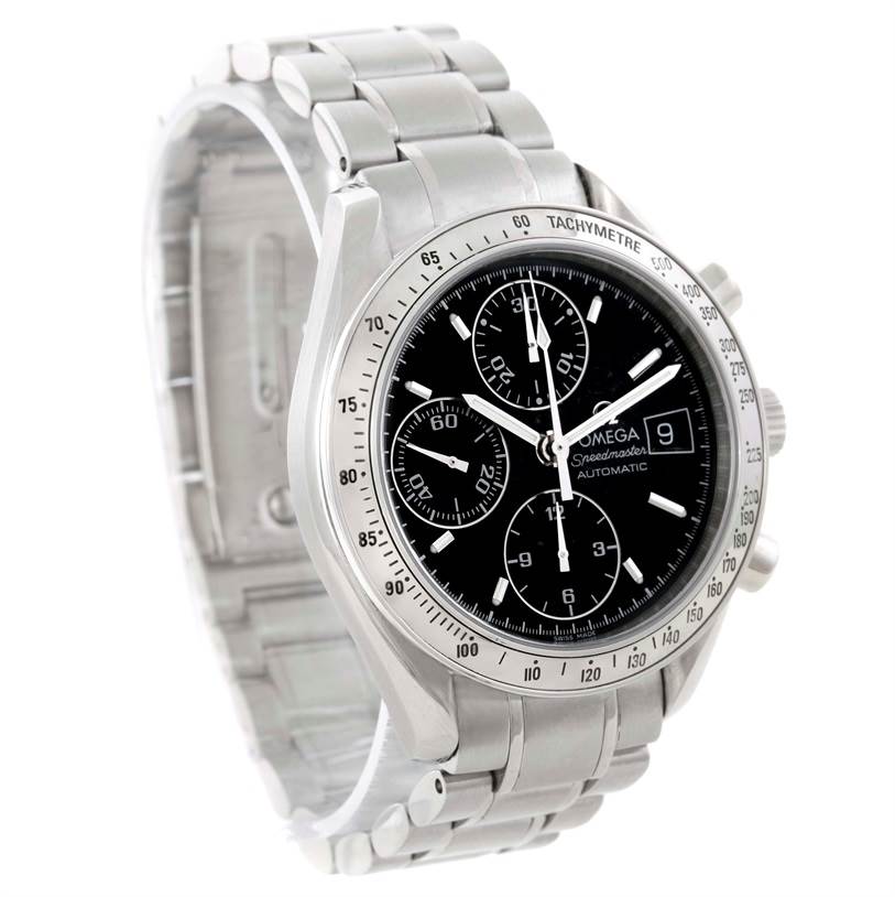 The image shows an Omega Speedmaster 3513.50.00 Men
s Stainless Steel Black Dial 3513.50.00 Men
s Stainless Steel Black Dial watch at a three-quarter angle, highlighting its stainless steel bracelet and detailed black dial.