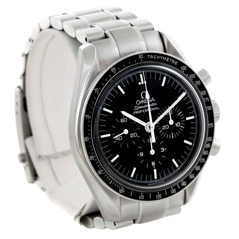 The Omega Speedmaster 3570.50.00 Men
s Stainless Steel Black Dial 3570.50.00 Men
s Stainless Steel Black Dial watch is shown at an angle, highlighting its face, bezel, and metal bracelet.
