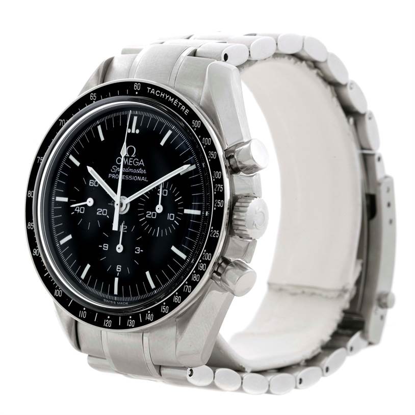 The Omega Speedmaster 3570.50.00 Men
s Stainless Steel Black Dial 3570.50.00 Men
s Stainless Steel Black Dial watch is shown at an angle highlighting the front dial, bezel, crown, push-buttons, and part of the bracelet.