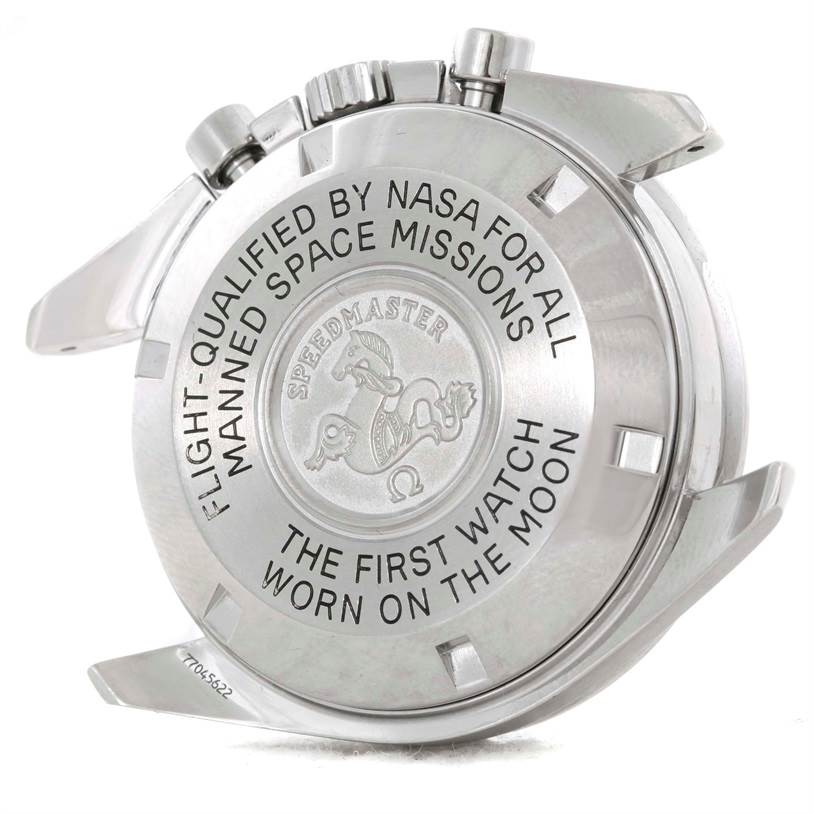 The image shows the case back of the Omega Speedmaster 3570.50.00 Men
s Stainless Steel Black Dial 3570.50.00 Men
s Stainless Steel Black Dial watch, including the brand
s engraving and text.