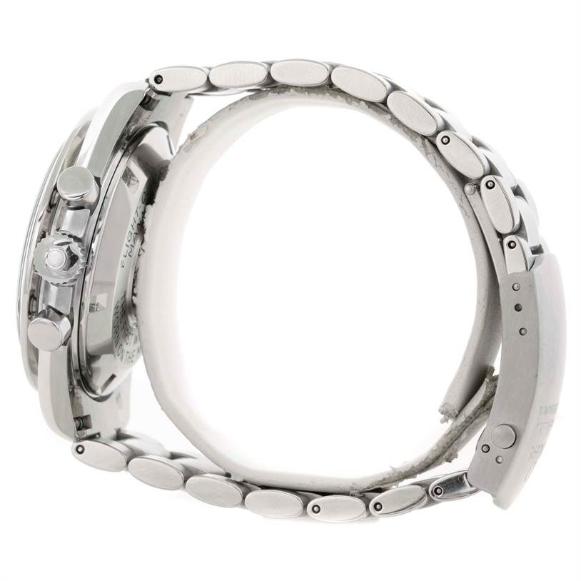 This side view of the Omega Speedmaster 3570.50.00 Men
s Stainless Steel Black Dial 3570.50.00 Men
s Stainless Steel Black Dial watch shows its case, crown, pushers, and stainless steel bracelet with a clasp.