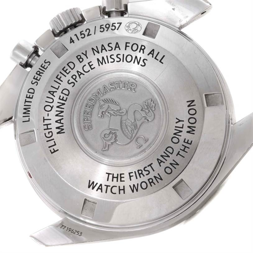 This image shows the back case of the Omega Speedmaster 311.30.42.30.01.001 Men
s Stainless Steel Black Dial 311.30.42.30.01.001 Men
s Stainless Steel Black Dial watch, highlighting its inscriptions and engravings.