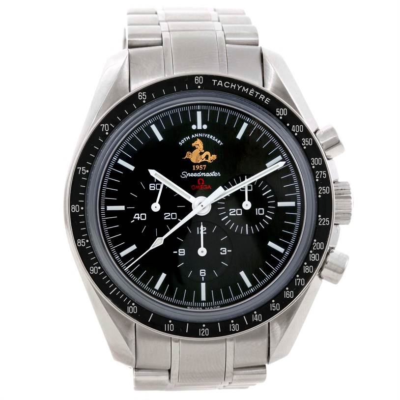 The image shows a front view of the Omega Speedmaster 311.30.42.30.01.001 Men
s Stainless Steel Black Dial 311.30.42.30.01.001 Men
s Stainless Steel Black Dial watch, displaying its face, bezel, and stainless steel bracelet.