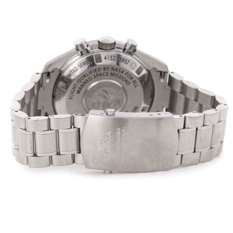 The image shows the back and clasp of an Omega Speedmaster 311.30.42.30.01.001 Men
s Stainless Steel Black Dial 311.30.42.30.01.001 Men
s Stainless Steel Black Dial, highlighting its stainless steel bracelet and engraved case back.