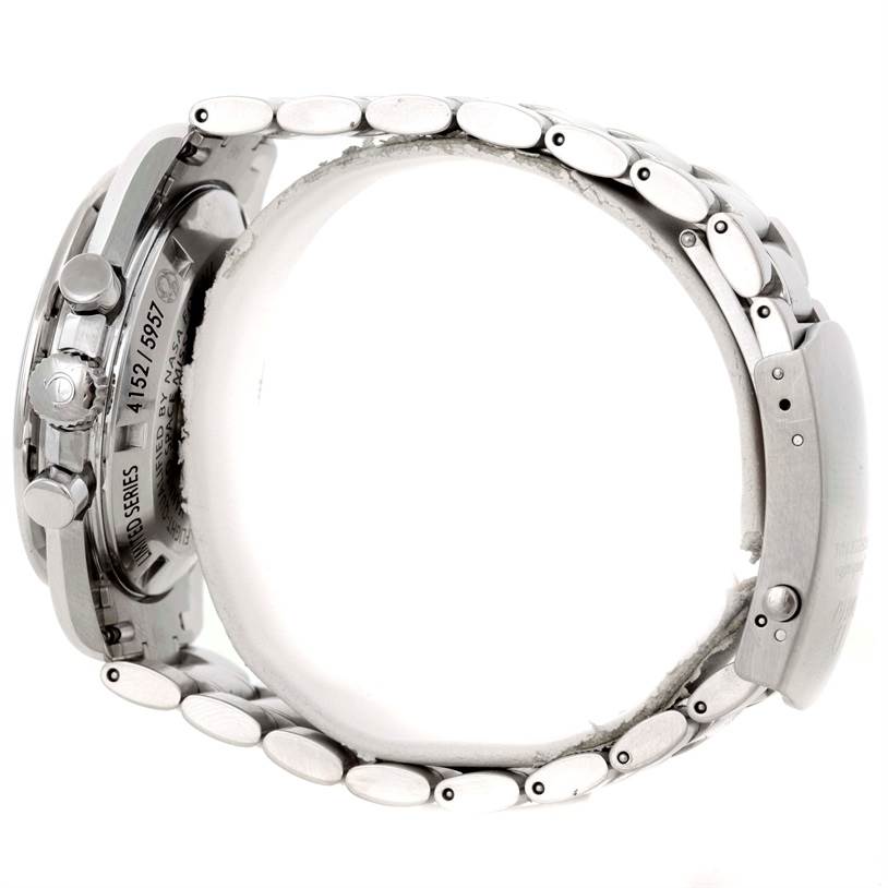 The image shows a side view of an Omega Speedmaster 311.30.42.30.01.001 Men
s Stainless Steel Black Dial 311.30.42.30.01.001 Men
s Stainless Steel Black Dial watch, highlighting its case, crown, pushers, and metal bracelet.