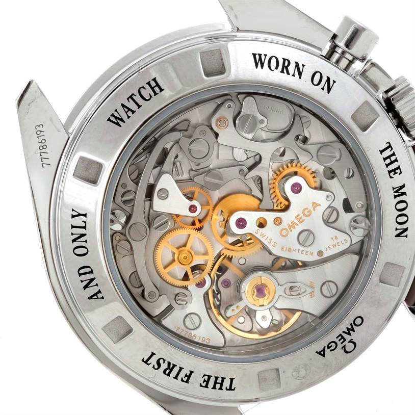 The image shows the back view of an Omega Speedmaster 3573.50.00 Men
s Stainless Steel Black Dial 3573.50.00 Men
s Stainless Steel Black Dial, revealing its intricate mechanical movement and internal components.