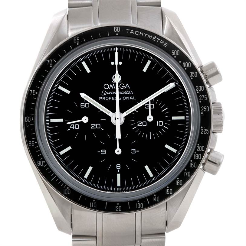 The image shows a frontal view of the Omega Speedmaster 3573.50.00 Men
s Stainless Steel Black Dial 3573.50.00 Men
s Stainless Steel Black Dial Professional watch, highlighting its dial, hands, tachymeter bezel, and part of the metal bracelet.