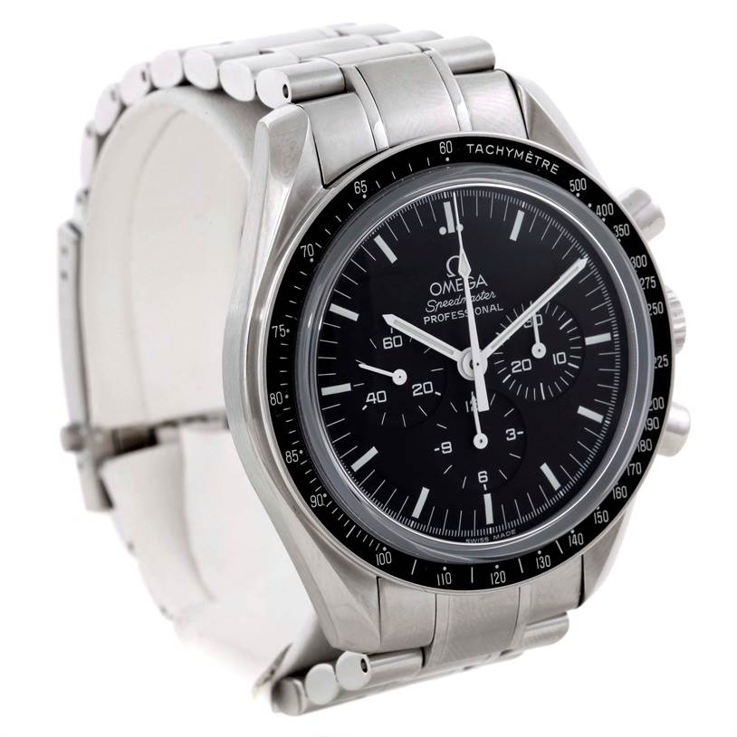 The Omega Speedmaster 3573.50.00 Men
s Stainless Steel Black Dial 3573.50.00 Men
s Stainless Steel Black Dial watch is shown at an angle highlighting the face, bezel, crown, and metal bracelet.