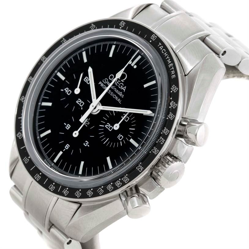 The image shows an angled close-up view of an Omega Speedmaster 3573.50.00 Men
s Stainless Steel Black Dial 3573.50.00 Men
s Stainless Steel Black Dial watch, displaying its face, bezel, and side buttons.