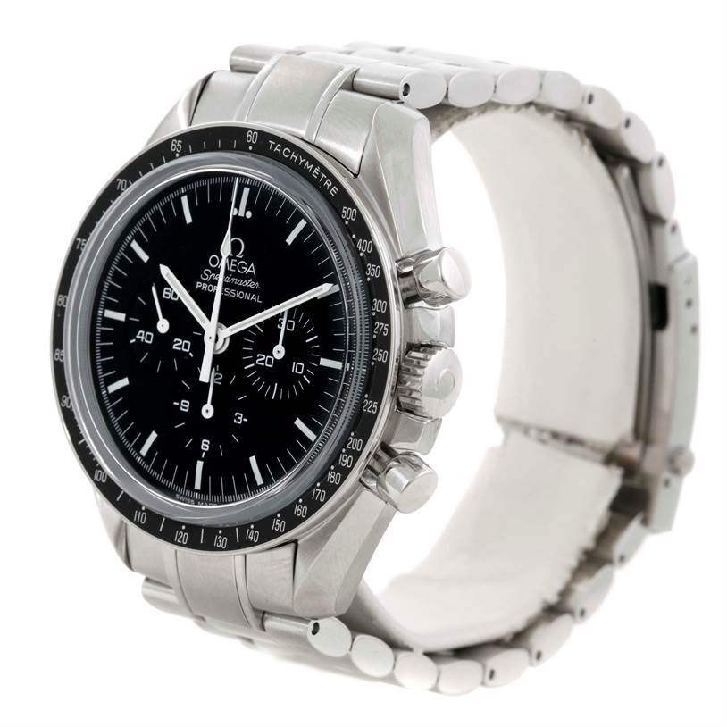 The image shows the Omega Speedmaster 3573.50.00 Men
s Stainless Steel Black Dial 3573.50.00 Men
s Stainless Steel Black Dial watch at a three-quarter angle, highlighting the face, bezel, and side pushers.