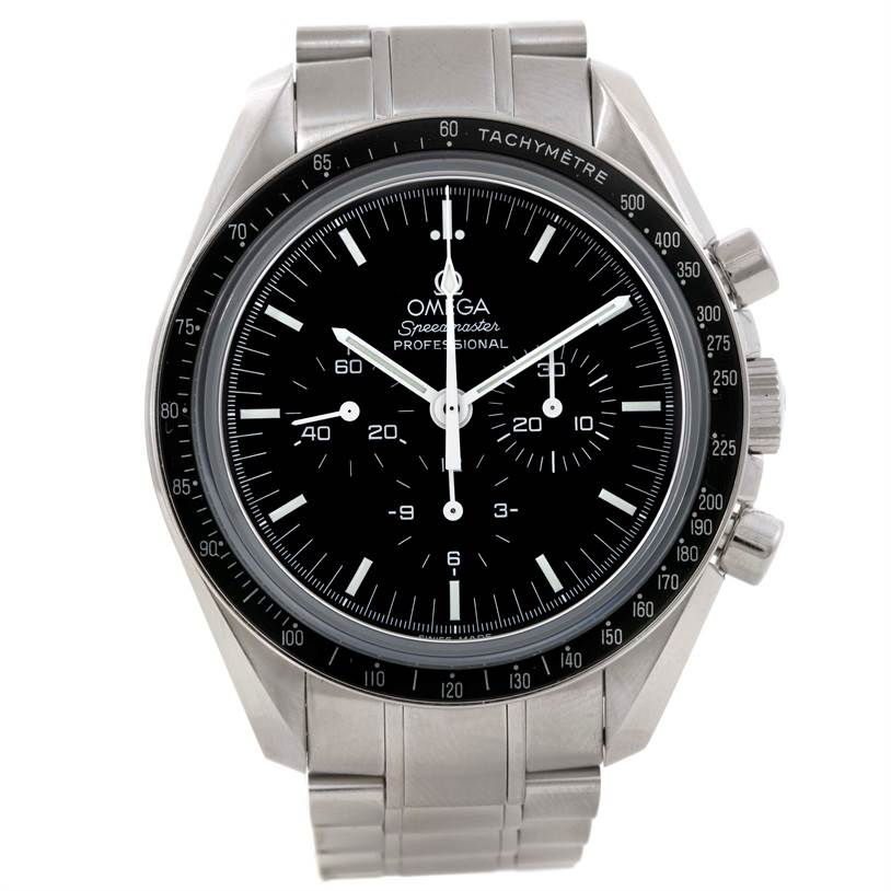 The image shows a frontal view of the Omega Speedmaster 3573.50.00 Men
s Stainless Steel Black Dial 3573.50.00 Men
s Stainless Steel Black Dial watch, displaying its dial, tachymeter bezel, and metal bracelet.