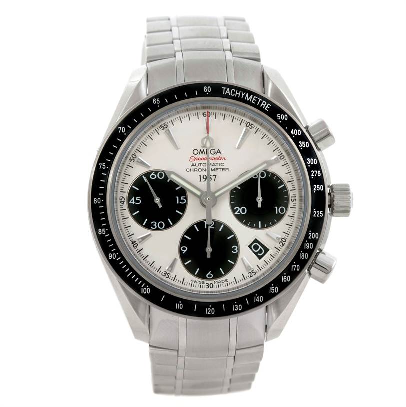 The Omega Speedmaster 323.30.40.40.02.001 Men
s Stainless Steel White Dial 323.30.40.40.02.001 Men
s Stainless Steel White Dial watch is shown from a front angle displaying its dial, bezel, and bracelet.