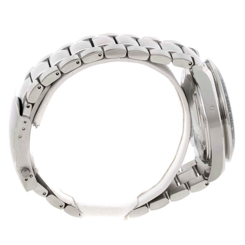 The Omega Speedmaster 323.30.40.40.02.001 Men
s Stainless Steel White Dial 323.30.40.40.02.001 Men
s Stainless Steel White Dial watch is shown from a side profile angle, displaying its metal bracelet and case.